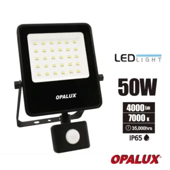 REFLECTOR LED CON SENSOR 50W "OPALUX" 4000LM 7000K 60 LED FOTO TRASERA - IP65