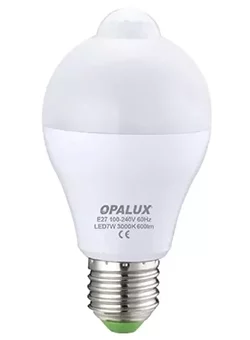 FOCO LED 7W LUZ CALIDA "OPALUX" C/SENSOR DE MOV.NOCTURNO 3000K 600LM 360° E27 110-240VAC FACTOR 0.9 CJX50