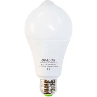 FOCO LED 15W LUZ CALIDA "OPALUX" C/SENSOR DE MOV.NOCTURNO 3000K 1050LM E27 110-240VAC CJX50