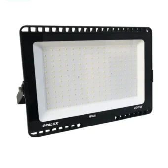 REFLECTOR LED 200W OPALUX 192 LEDS 17000LM 3000K 50,000HRS LUZ CÁLIDA DELGADO SLIM COLOR NEGRO IP65 EXTERIORES 85-265V