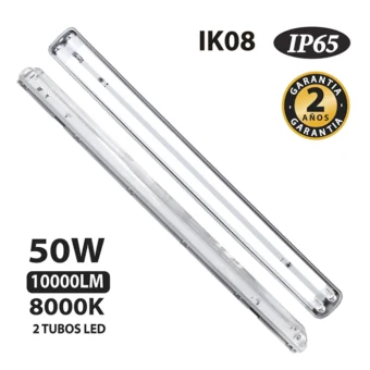 LUMINARIA HERMETICA EQUIPO SLIM + 2 TUBOS LED 50W x 1.20 cm "OPALUX" 8000K AC 175-265V 50-60HZ, CONEXIÓN L-N UN LADO FP-0.6 , CE, ROHS, IP65, IK08 , ACEESORIOS: PRENSA ESTOPA / 12 ENGRAPES / 2 CONEXIÓN PARED