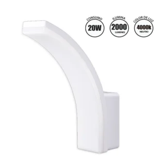 APLIQUE EXTERIOR LED MODELO CURVE "OPALUX" BLANCO 20W, 2000 LÚMENES, 4000K IP65
